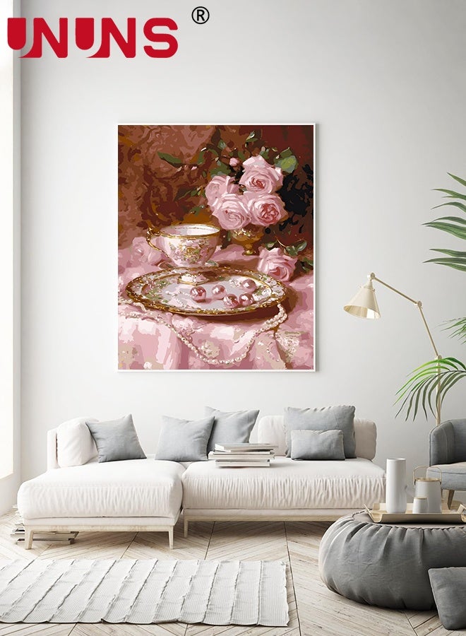 UNUNS DIY Paint by Numbers for Beginners,Pink Rose Afternoon Tea Paint by Numbers With Framed,DIY Painting Roses Acrylic Paint by Numbers Painting Kit Home Wall Living Room Bedroom Decoration Pink Pearl,40x50CM - Image 5